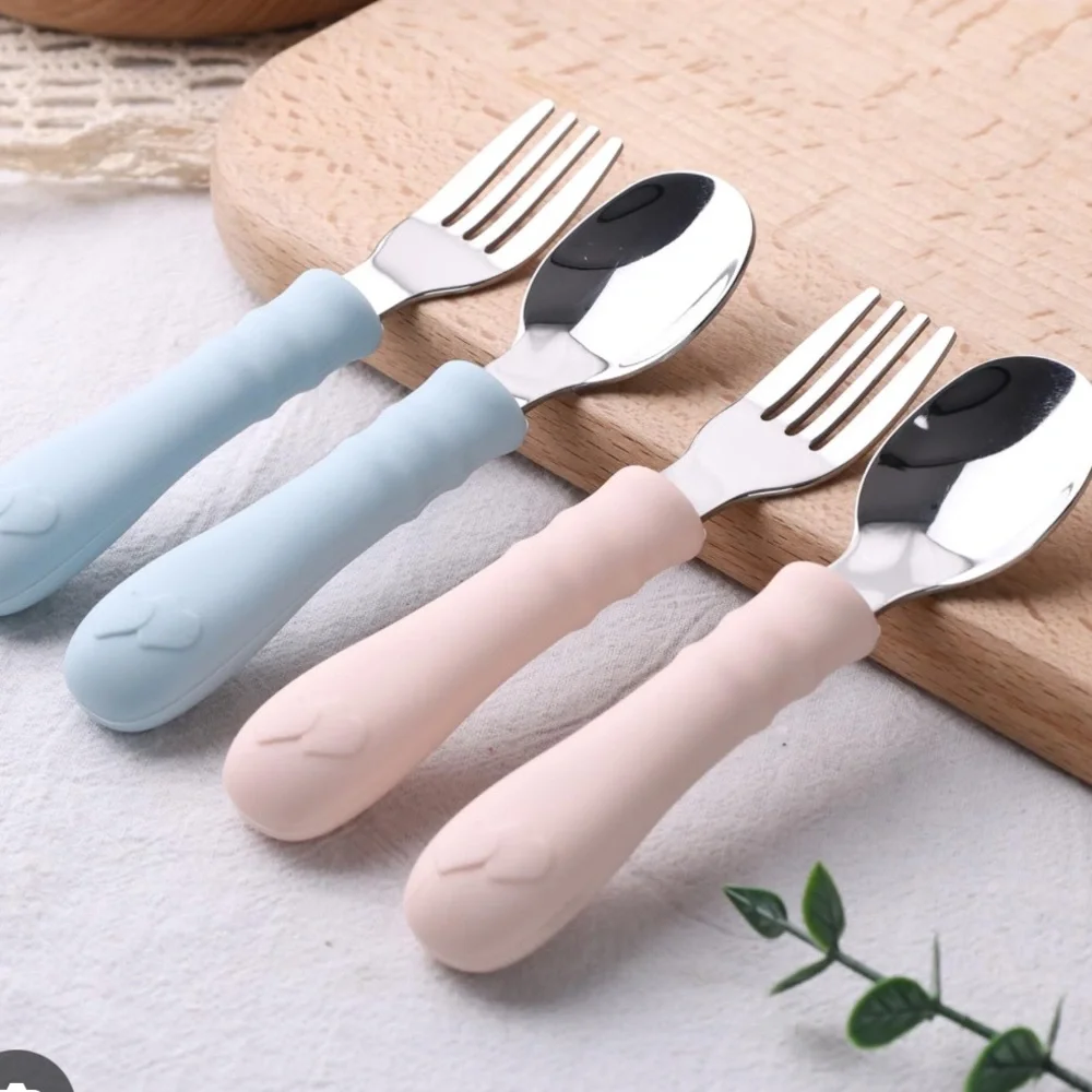 Silicone Handle Kids Fork and Spoon Set - Pink and Blue‎
